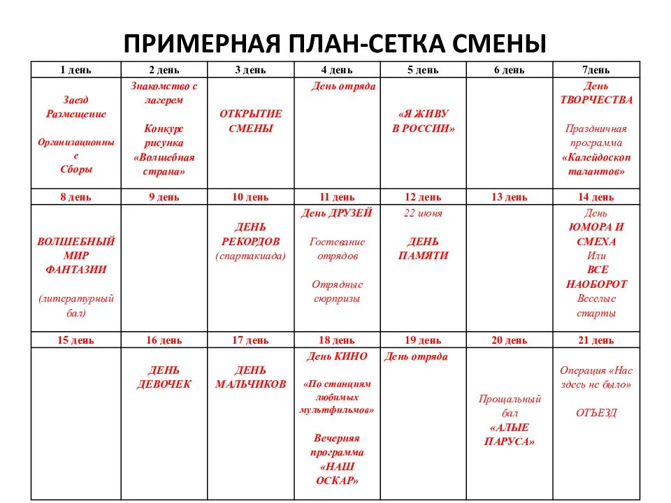 План сетка на летний лагерь с дневным пребыванием