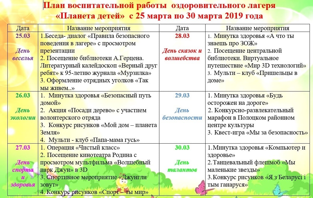 План оздоровительных мероприятий