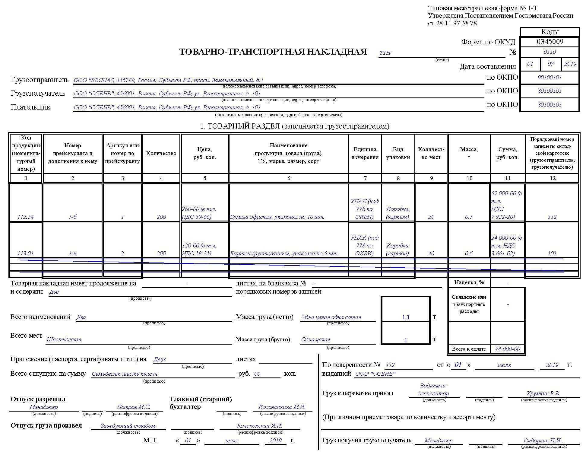 Как правильно оформить транспортную накладную образец