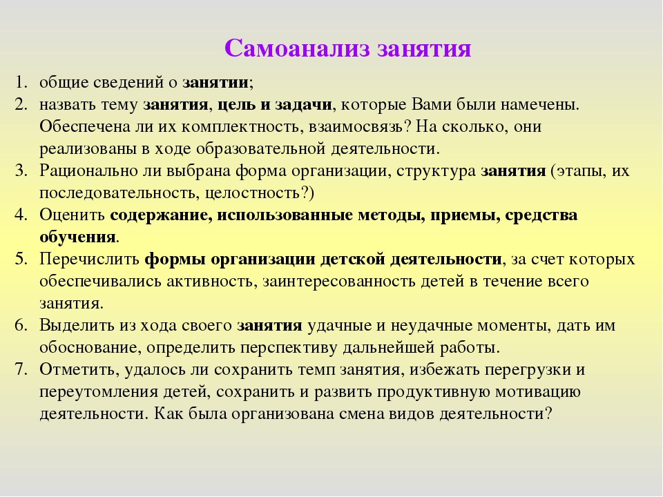 Отчет самоанализ воспитателя. Самоанализ занятия. Самоанализ занятия в детском саду. Схема самоанализа занятия. Самоанализ проведенного занятия.