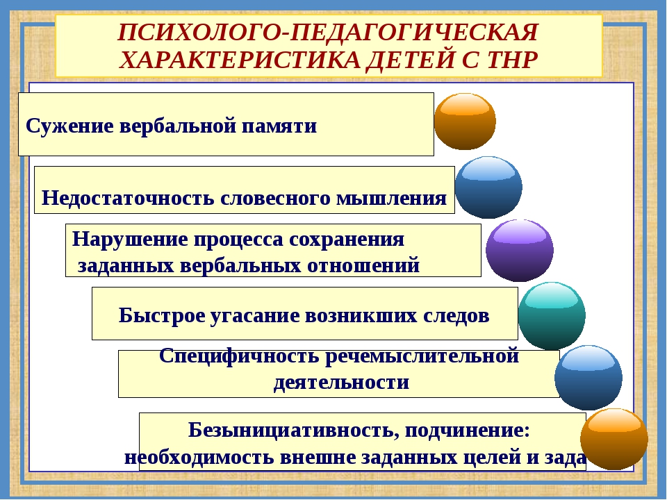 Педагогическая характеристика нарушений речи. Характеристика детей с ТНР. Психолого- характеристика детей. Особенности работы с детьми с ТНР. Мышление у детей с тяжелыми нарушениями речи.