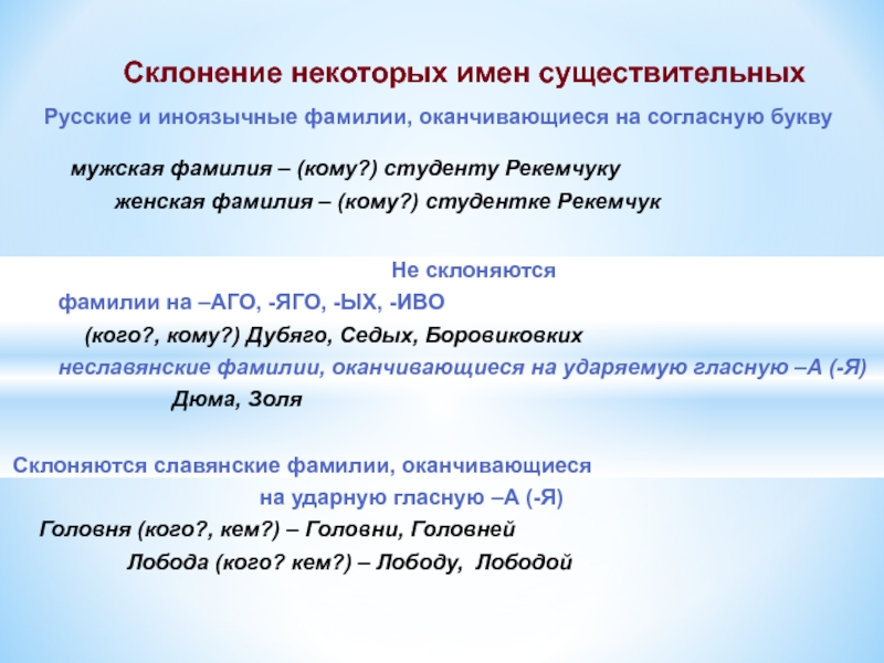 Женские фамилии заканчивающиеся на согласную. Особенности склонения русских и иноязычных фамилий. Склонение фамилий заканчивающихся на согласную букву. Фамилии оканчивающиеся на о.